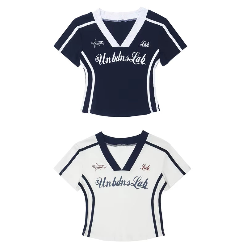 Women T-Shirt Y2K V-Neck Crop Tops Tees 2024 Summer Striped Letter Print Streetwear Egirl Y2K Tees Cropped Top Grunge Clothes