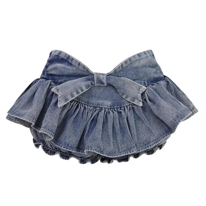 Grunge Y2K Bow Denim Skirt with Shorts Kawaii Women Vintage Gyaru Ruffle Low Waist Sexy Pleated Mini Skirts Summer Streetwear