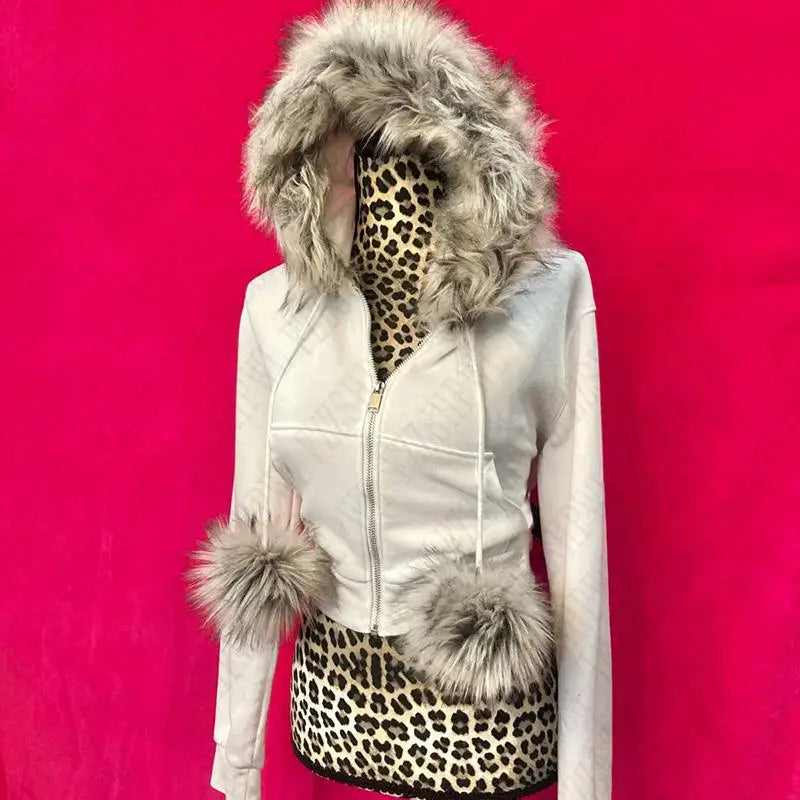 Y2K Women Aesthetic Harajuku Faux Fur Collar Hoodies Clothes Graphic Hip Hop Punk Gothic Zip up Hoodies Streetwear Jackets Egirl