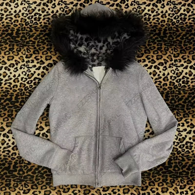 Y2K Women Aesthetic Harajuku Faux Fur Collar Hoodies Clothes Graphic Hip Hop Punk Gothic Zip up Hoodies Streetwear Jackets Egirl