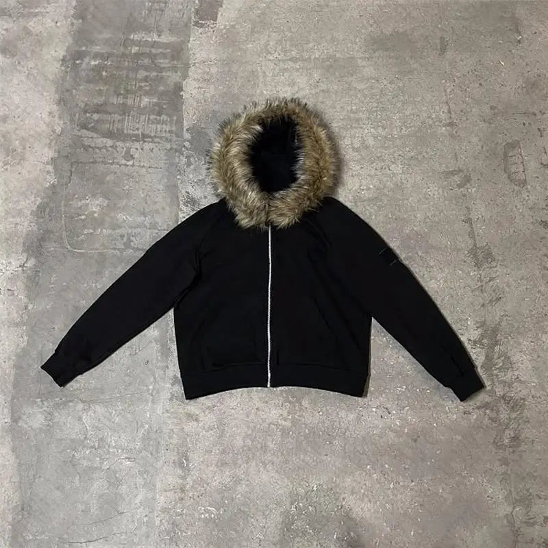 Y2K Women Aesthetic Harajuku Faux Fur Collar Hoodies Clothes Graphic Hip Hop Punk Gothic Zip up Hoodies Streetwear Jackets Egirl