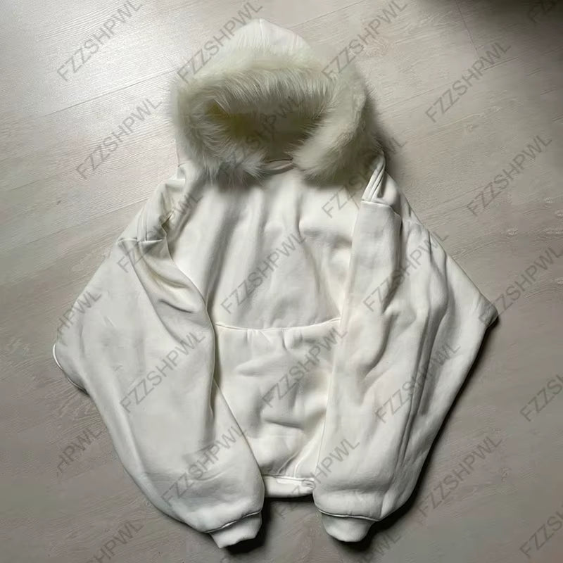 Y2K Women Aesthetic Harajuku Faux Fur Collar Hoodies Clothes Graphic Hip Hop Punk Gothic Zip up Hoodies Streetwear Jackets Egirl