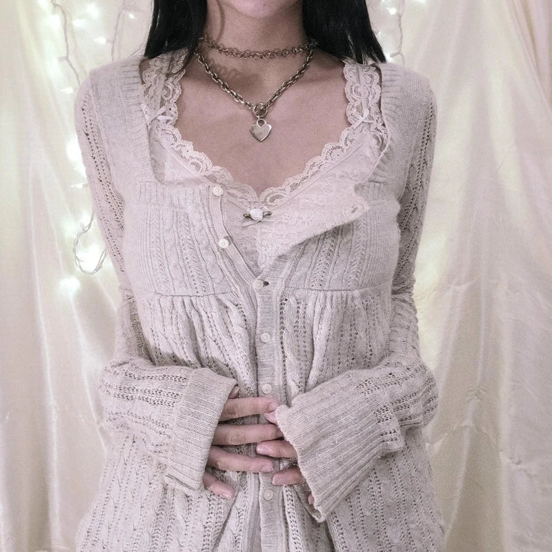 00S Aesthetic Kawaii Knitwear T-Shirt Women Clothes Coquette Grunge Y2K 00S Vintage Sweater Single Breasted Long Sleeve Cardigan