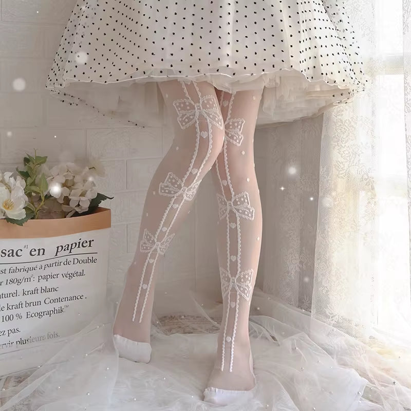Lolita Socks Women'S Summer Mid-Calf Spun Glass Ultra-Thin Knee Socks Women'S Lolita Lace Bow Socks