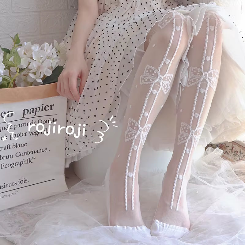 Lolita Socks Women'S Summer Mid-Calf Spun Glass Ultra-Thin Knee Socks Women'S Lolita Lace Bow Socks