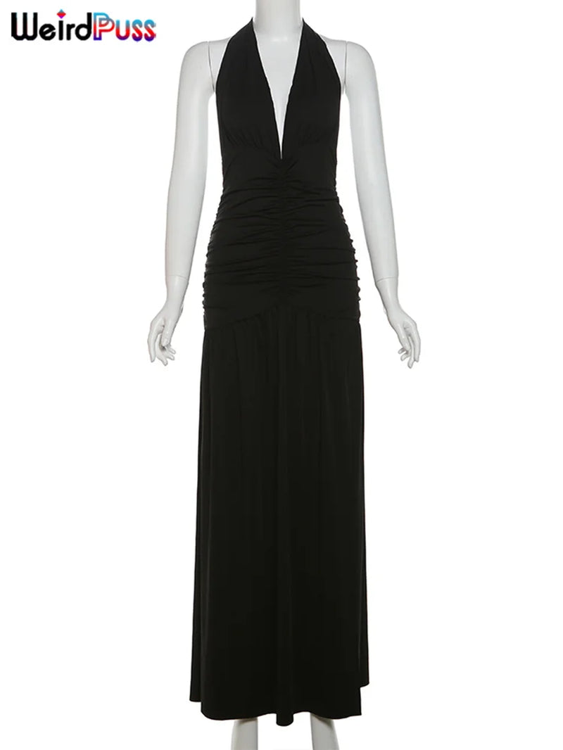Deep V-Neck Halter Dress Woman Summer Ruffles Splits Backless Elegant Patchwork Solid Party Coquette Sexy Vestidos