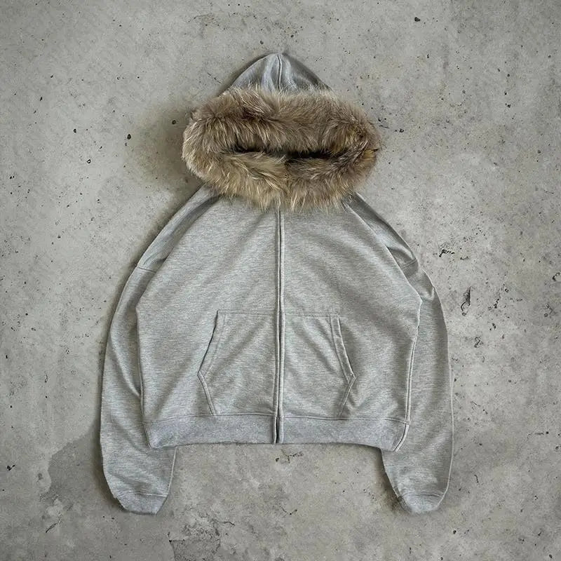 Y2K Women Aesthetic Harajuku Faux Fur Collar Hoodies Clothes Graphic Hip Hop Punk Gothic Zip up Hoodies Streetwear Jackets Egirl