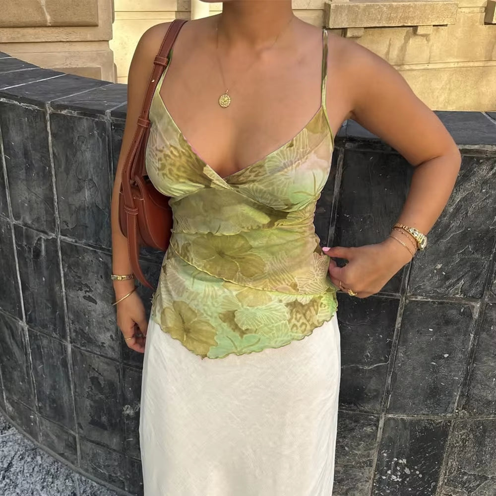 Women Summer Vintage Y2K Aesthetic Crop Tops Floral Print Boho Sleeveless Spaghetti Strap Mesh See through Coquette Tanks Camis