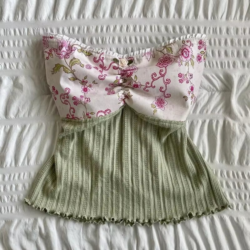 Plaid Floral Print Milkmaid Tops 00S Retro Coquette Camis Fairycore Y2K Lace Trim Backless Tie up Crop Tops Chic Cute Mini Vest