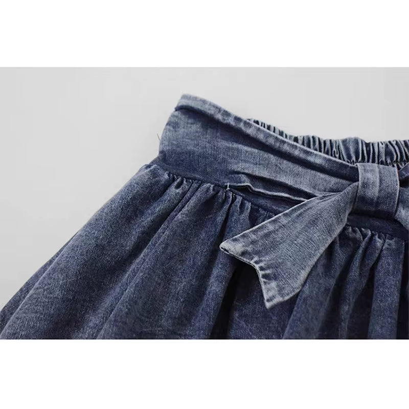 Grunge Y2K Bow Denim Skirt with Shorts Kawaii Women Vintage Gyaru Ruffle Low Waist Sexy Pleated Mini Skirts Summer Streetwear
