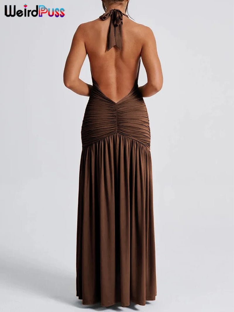 Deep V-Neck Halter Dress Woman Summer Ruffles Splits Backless Elegant Patchwork Solid Party Coquette Sexy Vestidos