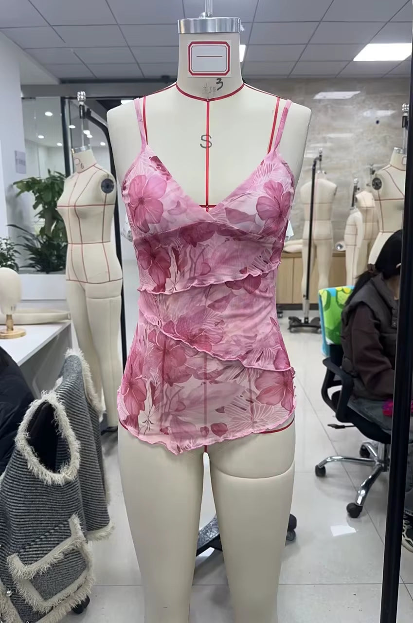Women Summer Vintage Y2K Aesthetic Crop Tops Floral Print Boho Sleeveless Spaghetti Strap Mesh See through Coquette Tanks Camis