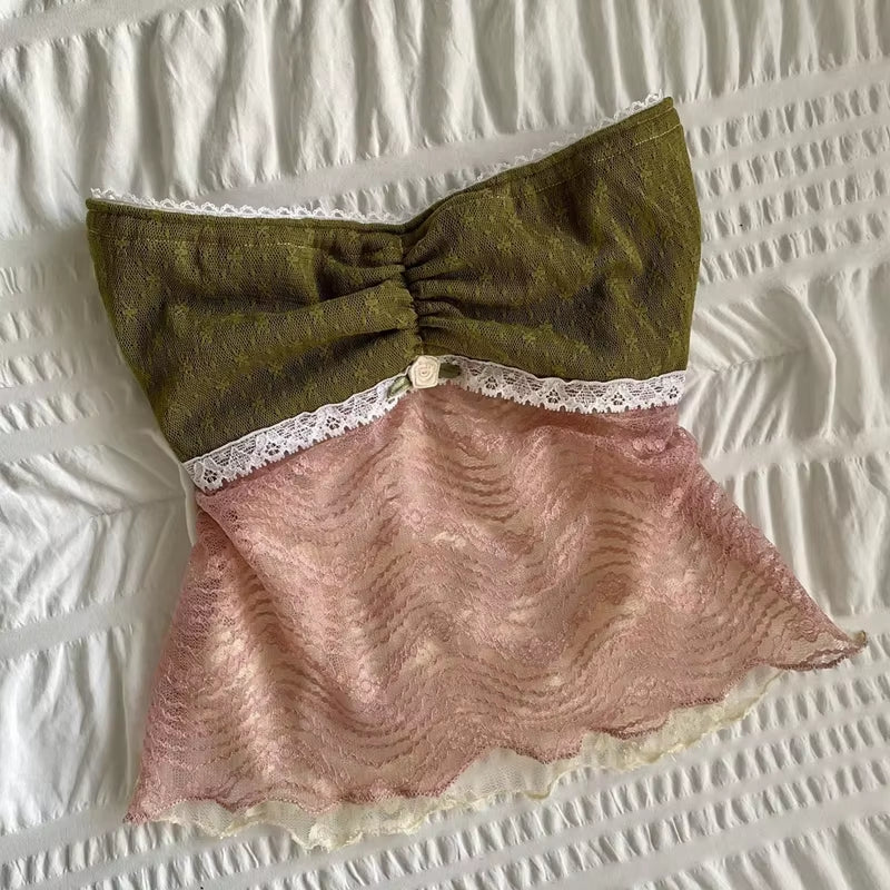 Plaid Floral Print Milkmaid Tops 00S Retro Coquette Camis Fairycore Y2K Lace Trim Backless Tie up Crop Tops Chic Cute Mini Vest
