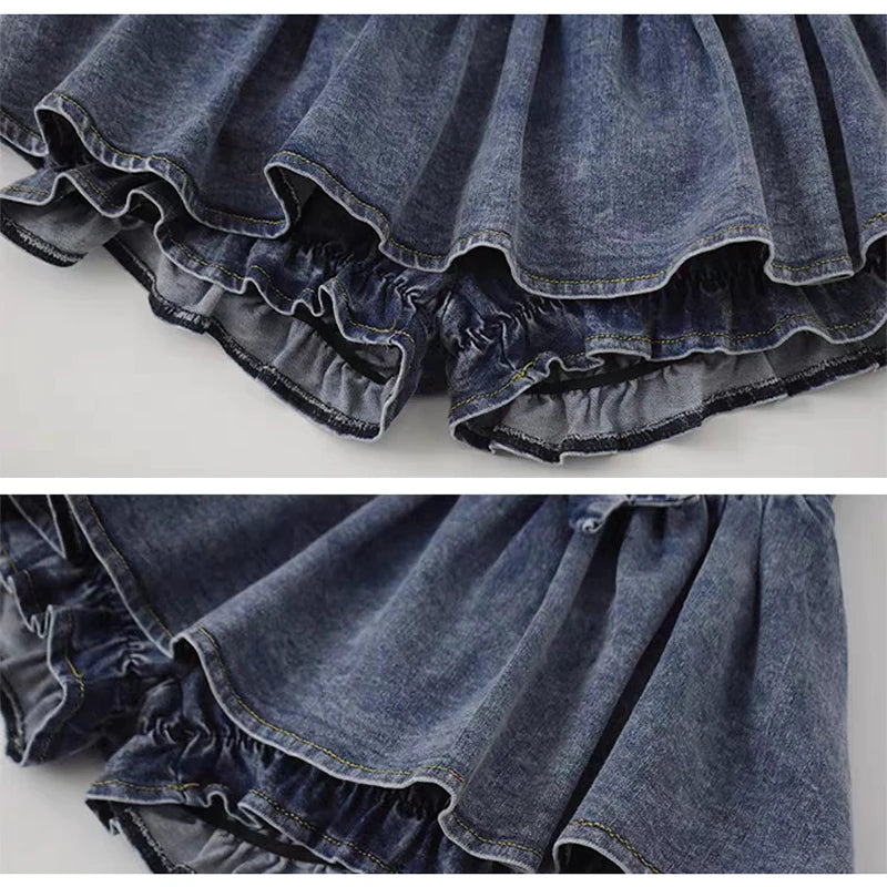 Grunge Y2K Bow Denim Skirt with Shorts Kawaii Women Vintage Gyaru Ruffle Low Waist Sexy Pleated Mini Skirts Summer Streetwear