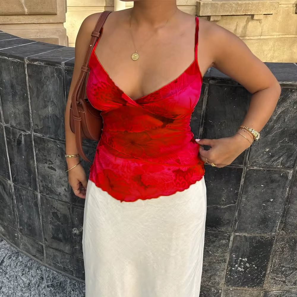 Women Summer Vintage Y2K Aesthetic Crop Tops Floral Print Boho Sleeveless Spaghetti Strap Mesh See through Coquette Tanks Camis