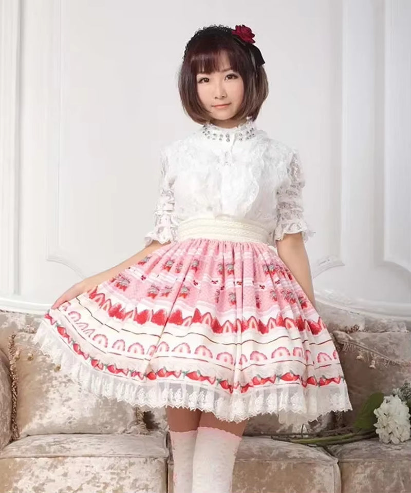 Sweet Japanese A-Line Skirt Pink Lolita Strawberry Printed Lace Pleated Knee Length Short Skirt