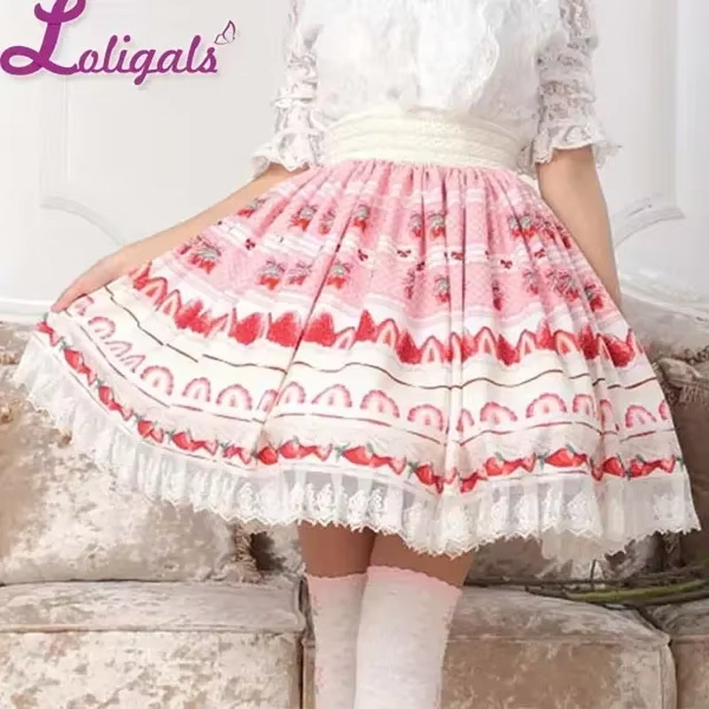 Sweet Japanese A-Line Skirt Pink Lolita Strawberry Printed Lace Pleated Knee Length Short Skirt
