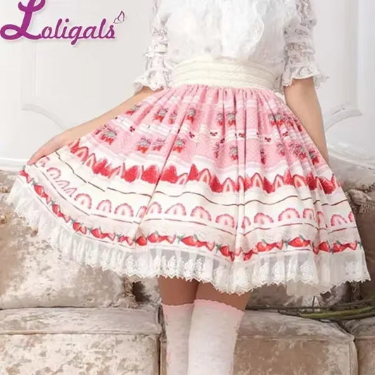 Sweet Japanese A-Line Skirt Pink Lolita Strawberry Printed Lace Pleated Knee Length Short Skirt