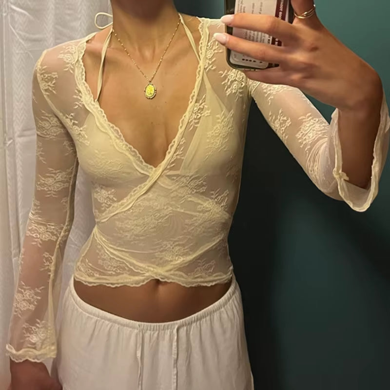 Sexy Deep V Neck Cross Wrap T-Shirts Fairy Coquette Floral Lace Sheer Blouses Tees Shirt Women Tie up Cropped Tops Y2K Clothes