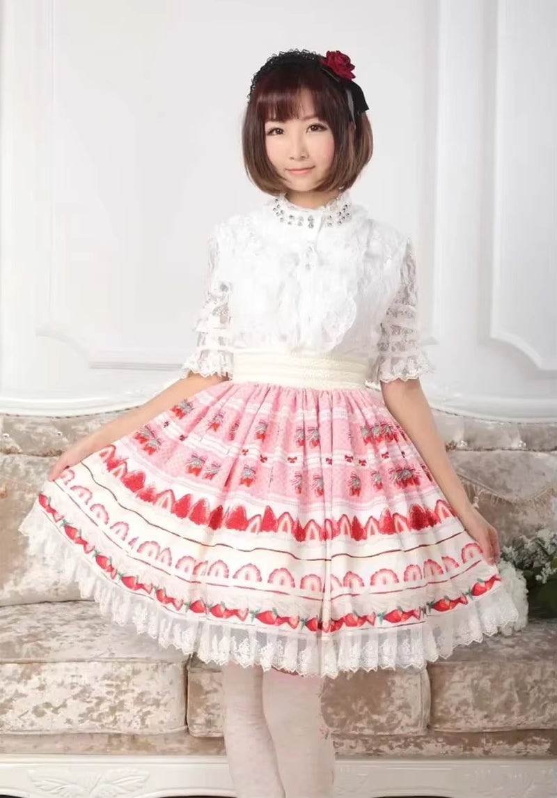 Sweet Japanese A-Line Skirt Pink Lolita Strawberry Printed Lace Pleated Knee Length Short Skirt
