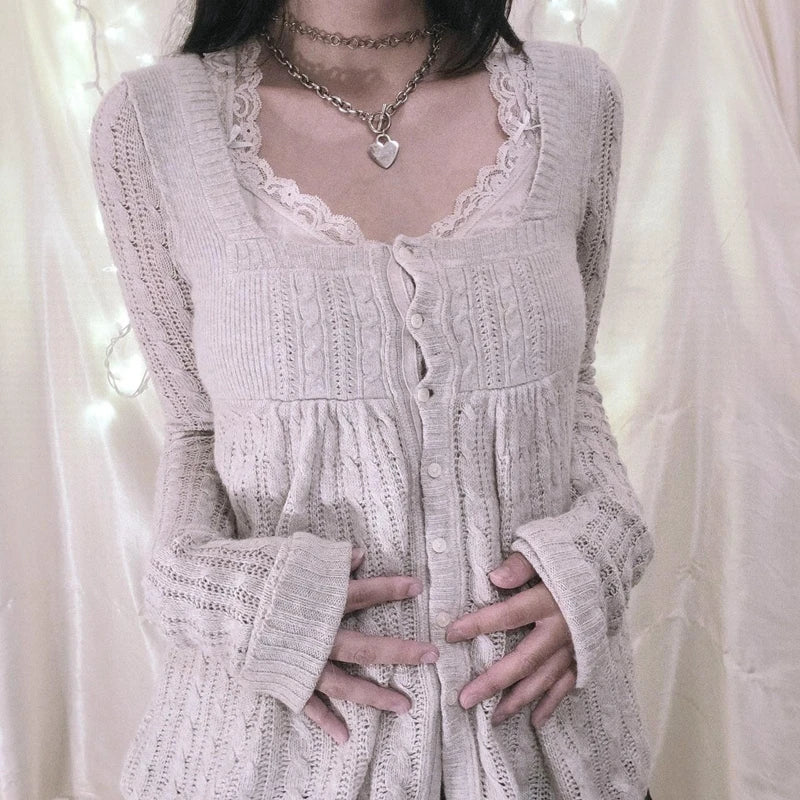 00S Aesthetic Kawaii Knitwear T-Shirt Women Clothes Coquette Grunge Y2K 00S Vintage Sweater Single Breasted Long Sleeve Cardigan