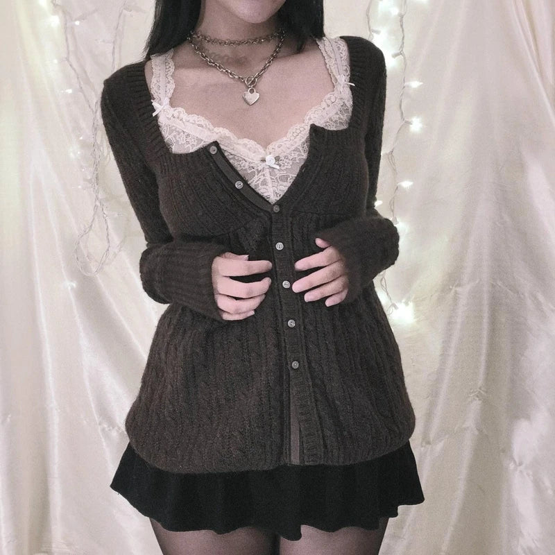 00S Aesthetic Kawaii Knitwear T-Shirt Women Clothes Coquette Grunge Y2K 00S Vintage Sweater Single Breasted Long Sleeve Cardigan