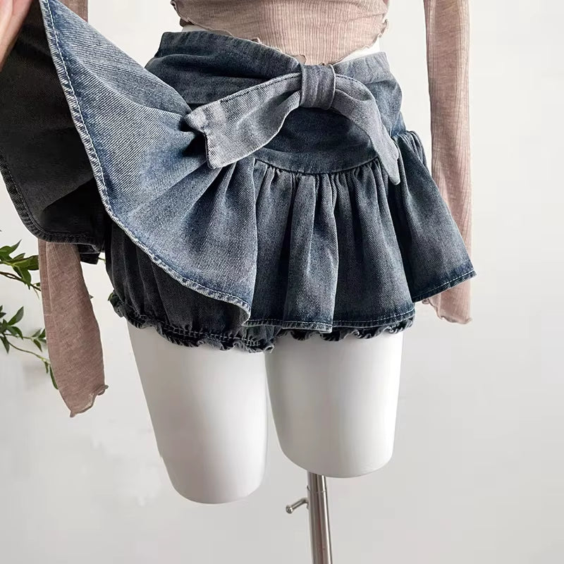 Grunge Y2K Bow Denim Skirt with Shorts Kawaii Women Vintage Gyaru Ruffle Low Waist Sexy Pleated Mini Skirts Summer Streetwear