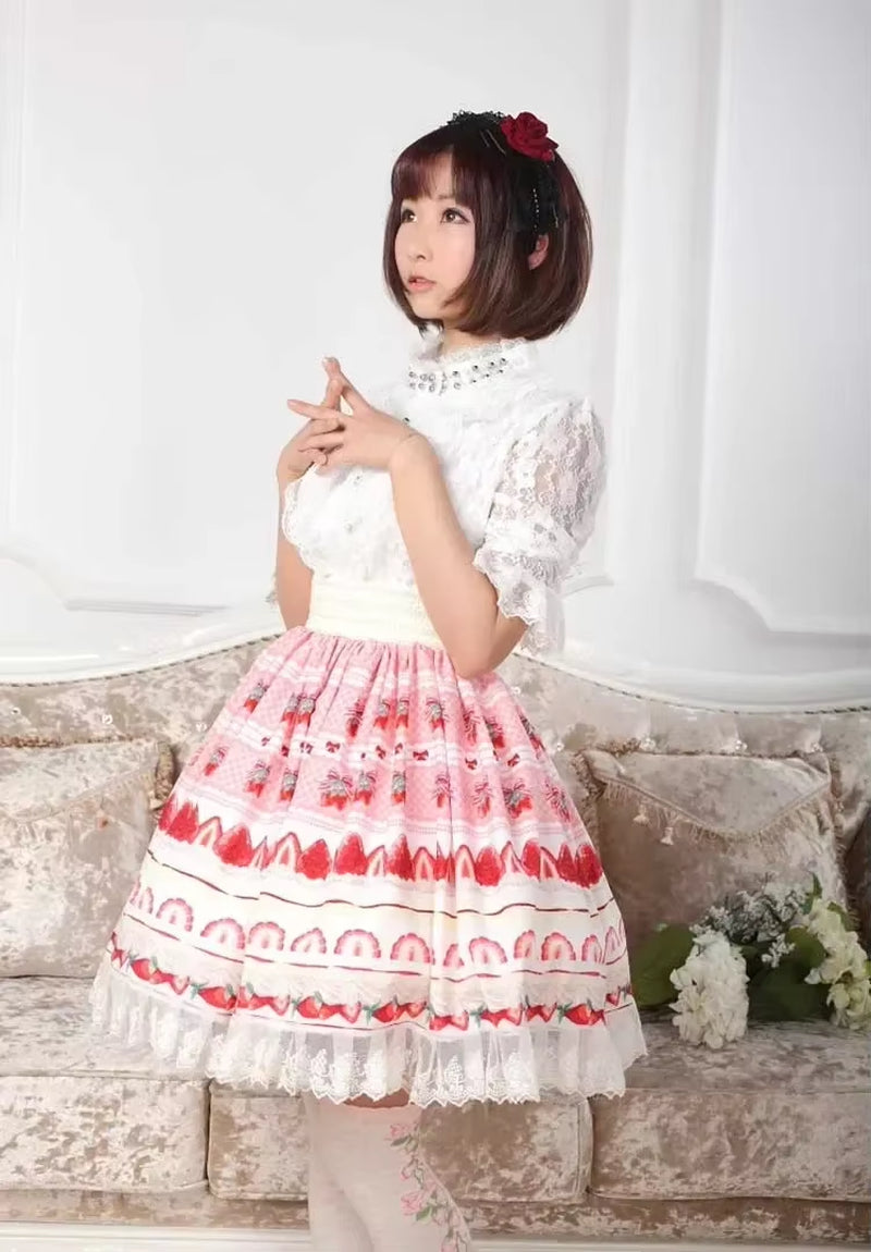 Sweet Japanese A-Line Skirt Pink Lolita Strawberry Printed Lace Pleated Knee Length Short Skirt
