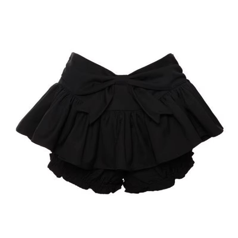 Grunge Y2K Bow Denim Skirt with Shorts Kawaii Women Vintage Gyaru Ruffle Low Waist Sexy Pleated Mini Skirts Summer Streetwear