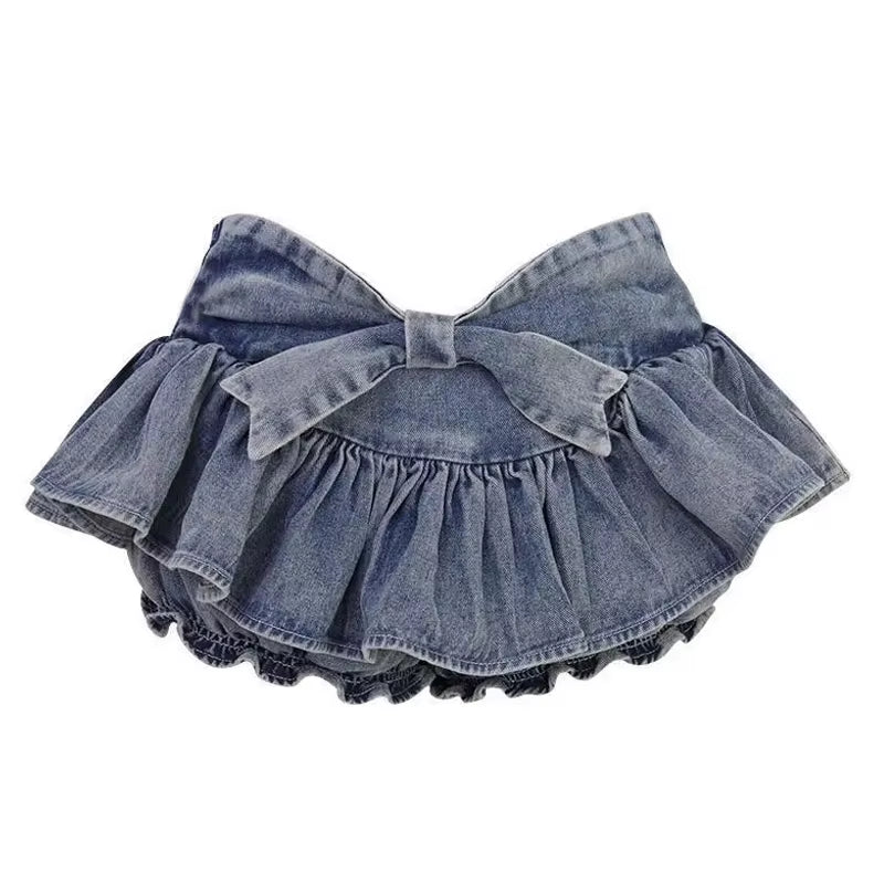 Grunge Y2K Bow Denim Skirt with Shorts Kawaii Women Vintage Gyaru Ruffle Low Waist Sexy Pleated Mini Skirts Summer Streetwear