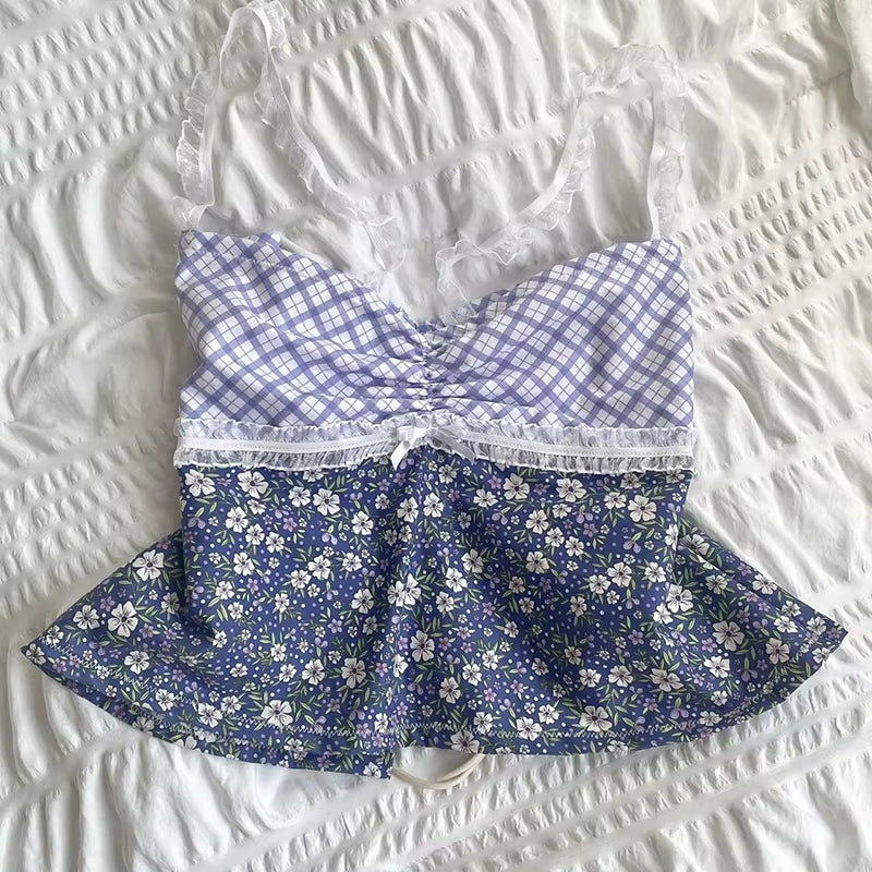 Plaid Floral Print Milkmaid Tops 00S Retro Coquette Camis Fairycore Y2K Lace Trim Backless Tie up Crop Tops Chic Cute Mini Vest