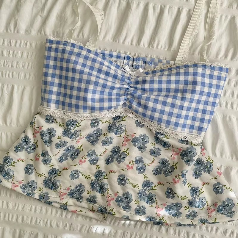 Plaid Floral Print Milkmaid Tops 00S Retro Coquette Camis Fairycore Y2K Lace Trim Backless Tie up Crop Tops Chic Cute Mini Vest