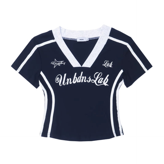 Women T-Shirt Y2K V-Neck Crop Tops Tees 2024 Summer Striped Letter Print Streetwear Egirl Y2K Tees Cropped Top Grunge Clothes