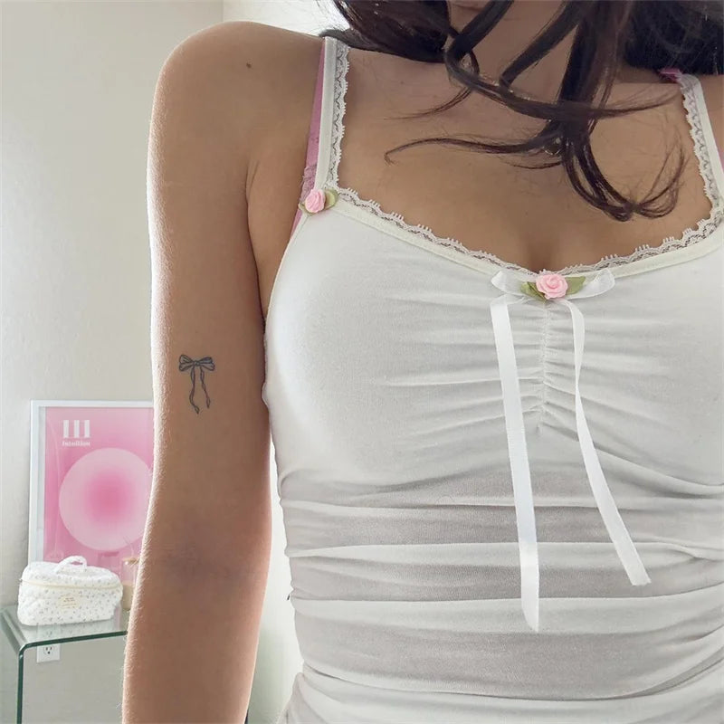 Y2K Lace Trim Crop Top Women Fairycore Clothing Spaghetti Strap Sleeveless Camisole Bowith W Flower Coquette Clothes