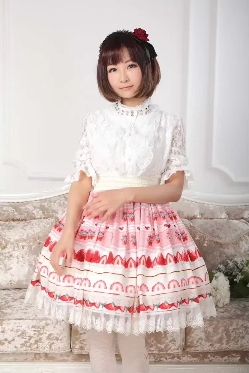 Sweet Japanese A-Line Skirt Pink Lolita Strawberry Printed Lace Pleated Knee Length Short Skirt
