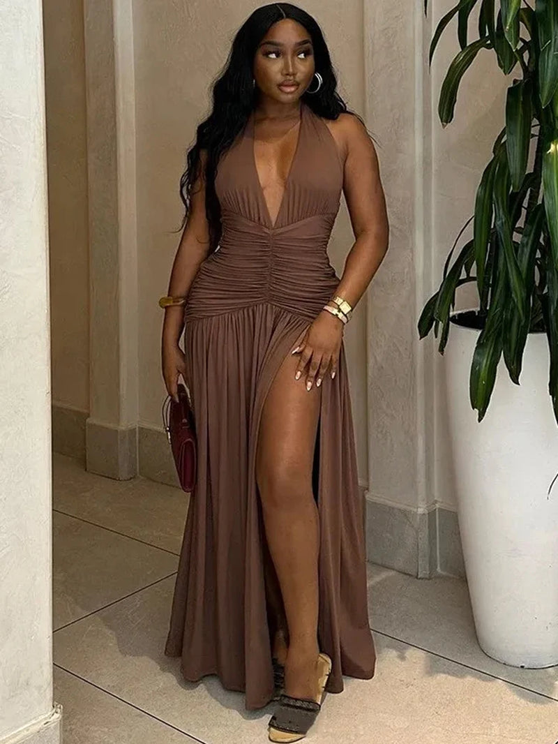 Deep V-Neck Halter Dress Woman Summer Ruffles Splits Backless Elegant Patchwork Solid Party Coquette Sexy Vestidos