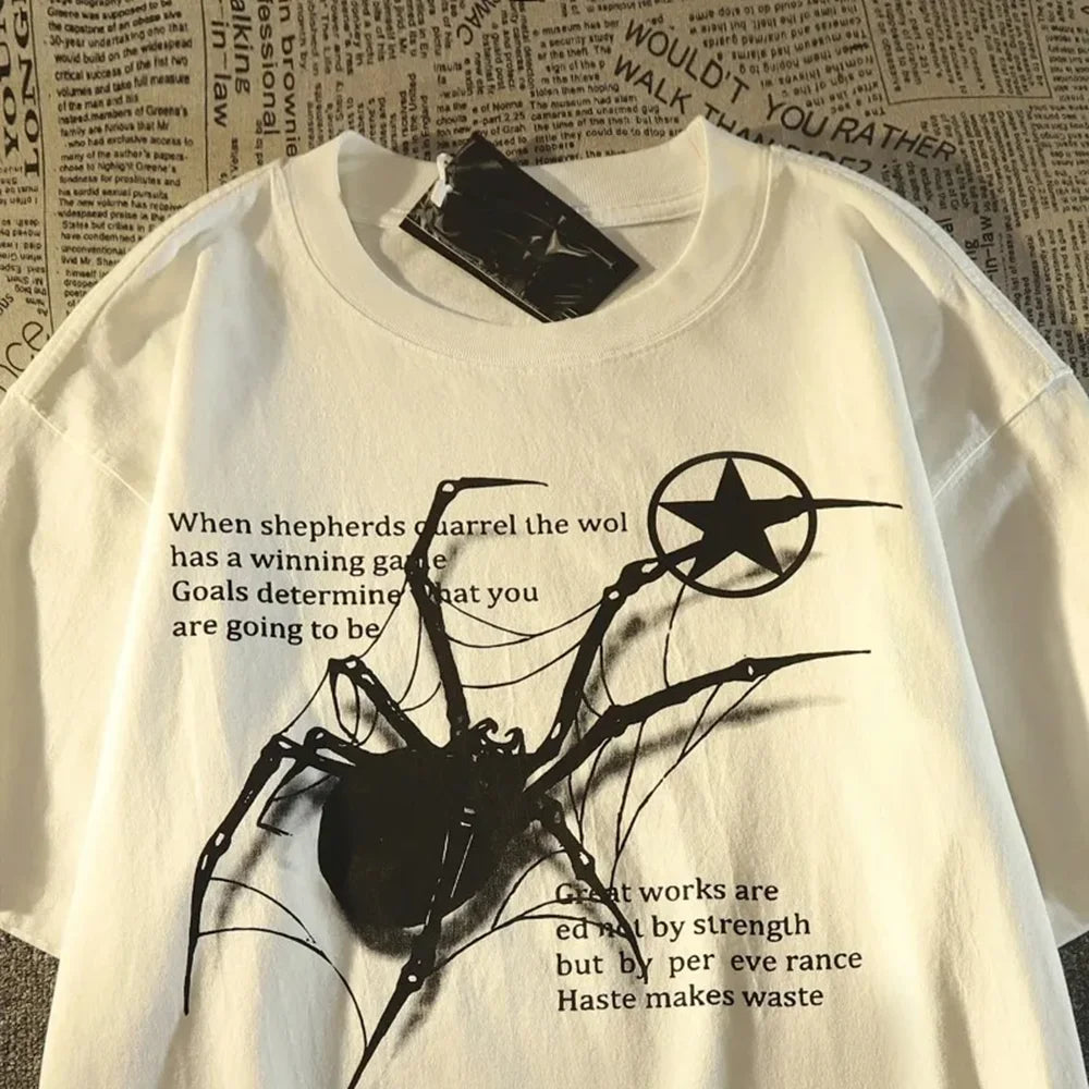Y2K Korean Streetwear Spider Graphic Acubi Harajuku Egirl Grunge Aesthetic round Neck Trendy Short Sleeved Top Women'S Clothing