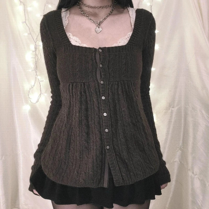 00S Aesthetic Kawaii Knitwear T-Shirt Women Clothes Coquette Grunge Y2K 00S Vintage Sweater Single Breasted Long Sleeve Cardigan
