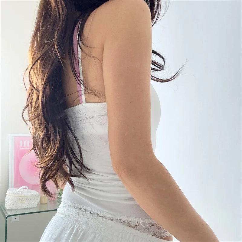 Y2K Lace Trim Crop Top Women Fairycore Clothing Spaghetti Strap Sleeveless Camisole Bowith W Flower Coquette Clothes