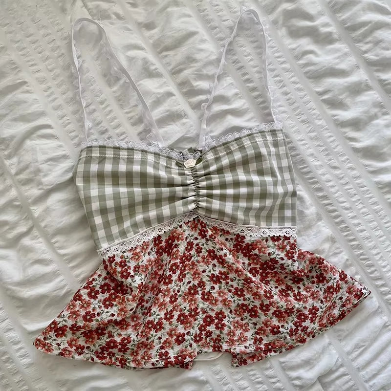 Plaid Floral Print Milkmaid Tops 00S Retro Coquette Camis Fairycore Y2K Lace Trim Backless Tie up Crop Tops Chic Cute Mini Vest
