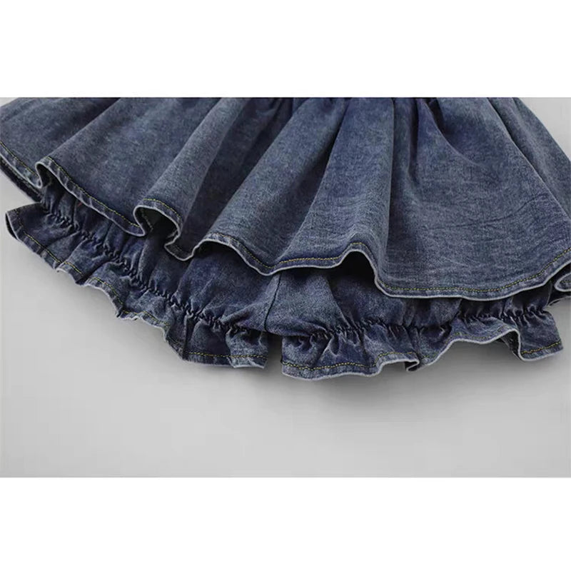 Grunge Y2K Bow Denim Skirt with Shorts Kawaii Women Vintage Gyaru Ruffle Low Waist Sexy Pleated Mini Skirts Summer Streetwear