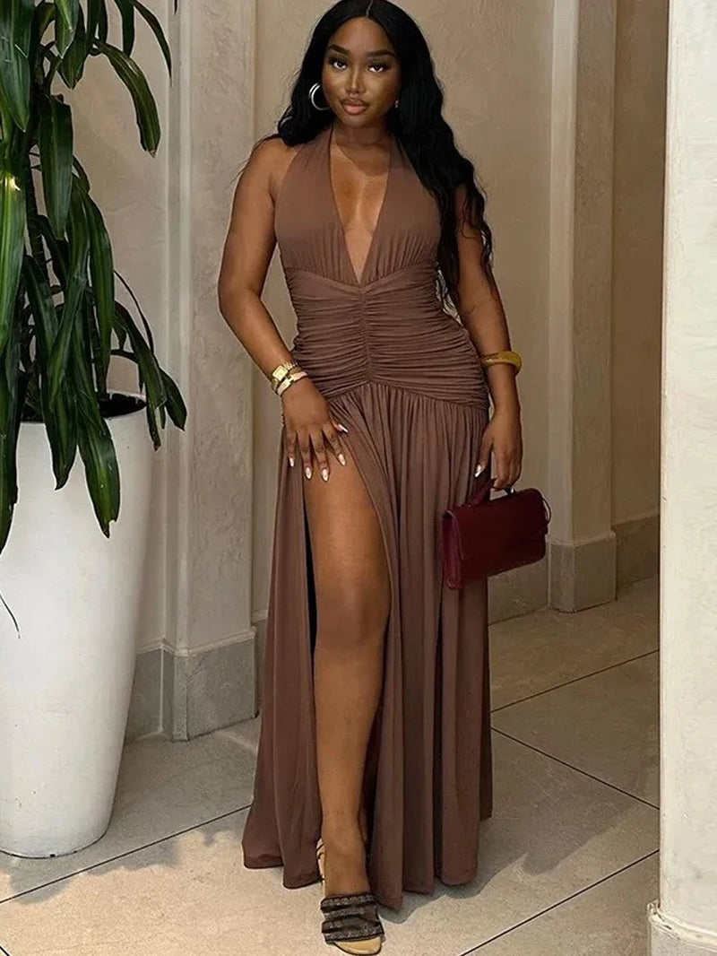 Deep V-Neck Halter Dress Woman Summer Ruffles Splits Backless Elegant Patchwork Solid Party Coquette Sexy Vestidos